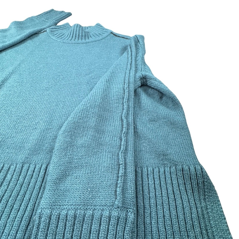Jason Wu Mock Neck Sweater Teal Ribbed Wool Blend M Cabincore Chunky Chic Cozy - Picture 8 of 13